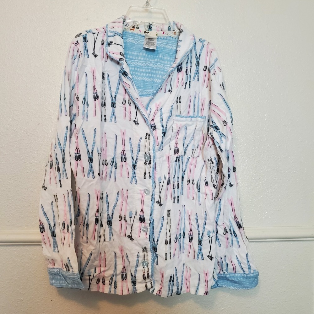 Munki Munki Womens Pajama Top Medium Ski Print Bamboo Cotton Long Sleeve White